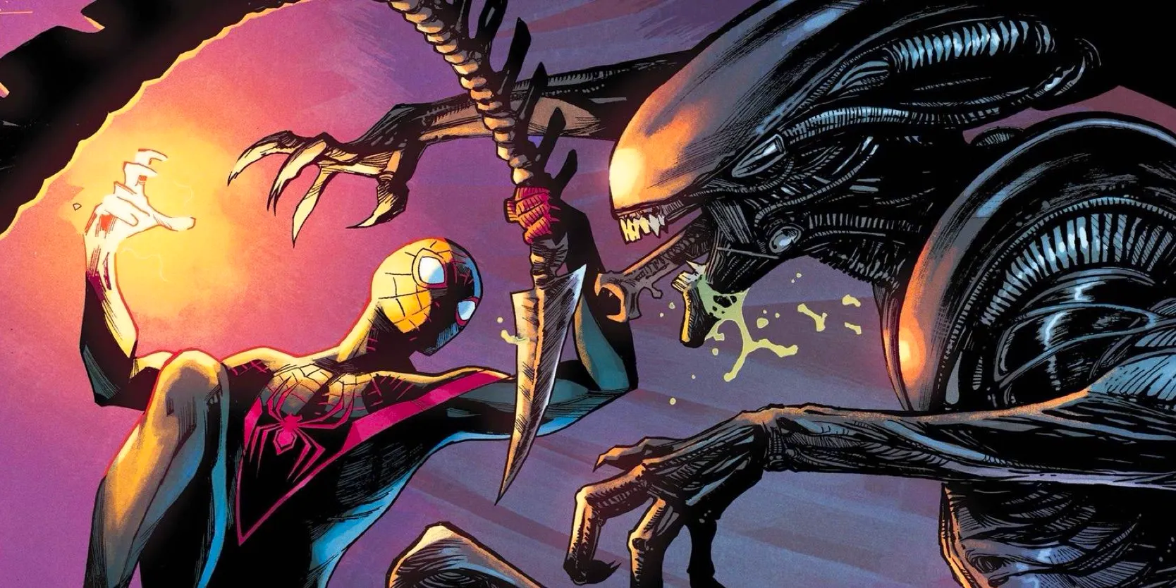 Miles Morales fights a Xenomorph in Valerio Schiti’s Miles Morales Spider-Man #22 Marvel vs Alien variant cover Image