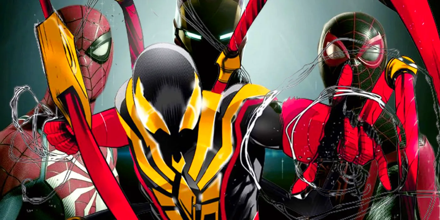 Miles Morales Iron Spider suit with Iron Man and Spider-Man in the background Image