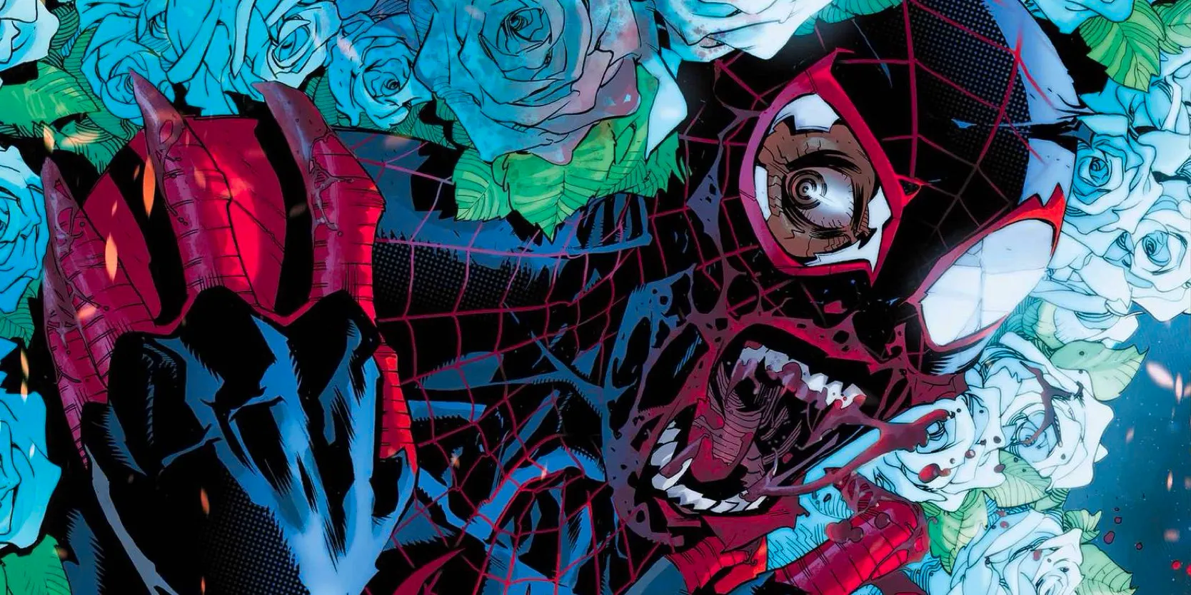 Miles Morales: Spider-Man #22 cover, a nightmare-fuel vampire Miles Morales screams as he is consumed by blood & flowers. Image