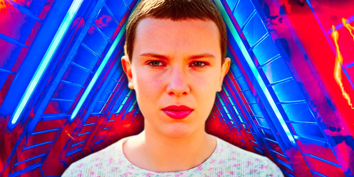 Millie Bobby Brown as Eleven in Stranger Things in Front of a Blue Triangular background Image