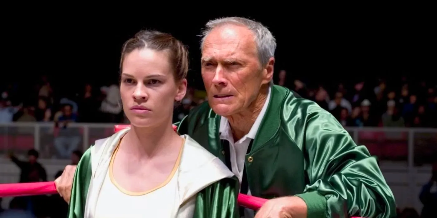 Million Dollar Baby Clint Eastwood's coach preparing Hilary Swank's character in the ring  Image