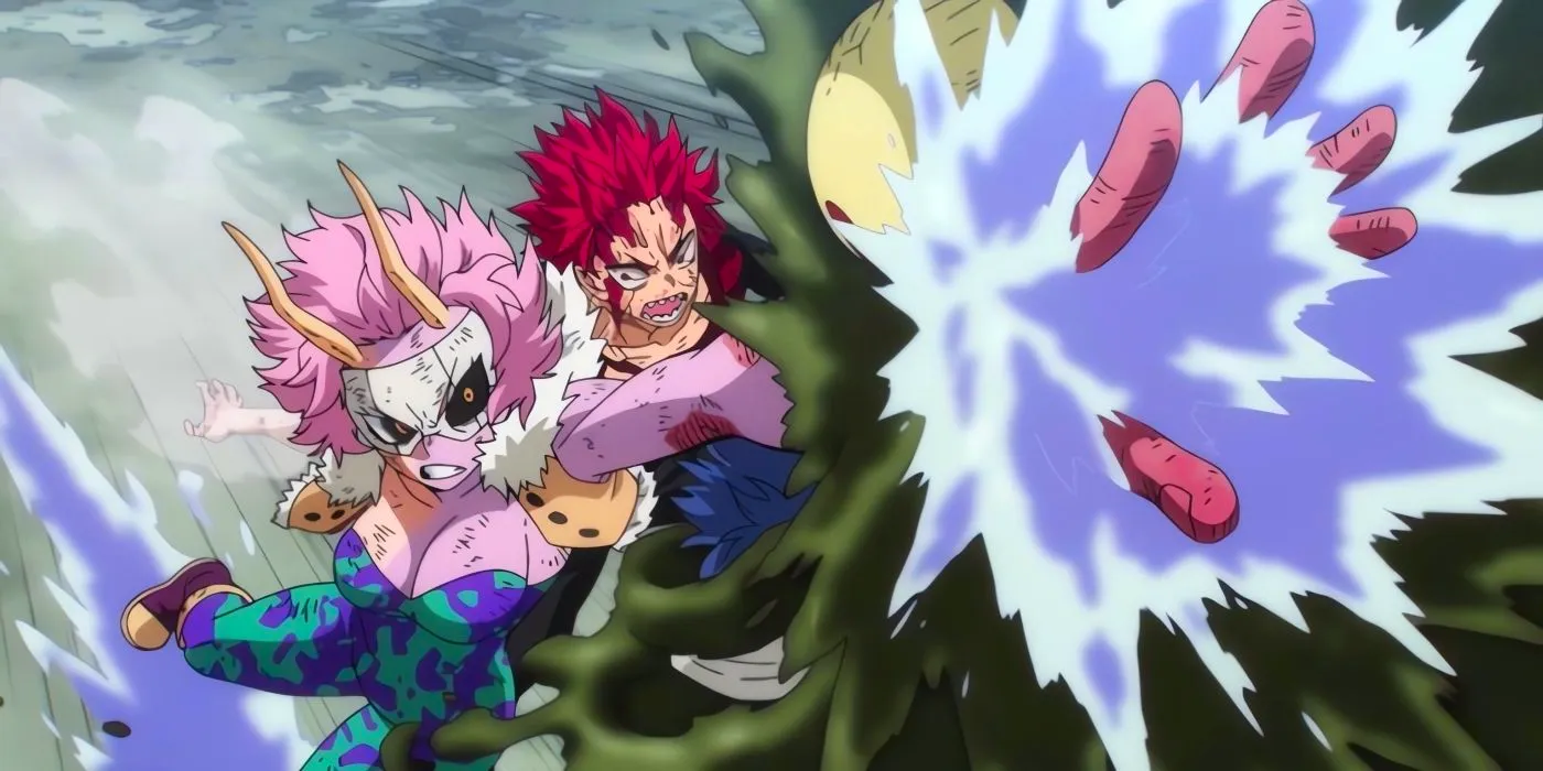 Mina saving Kirishima from the Sludge Villain by using her acid.  Image