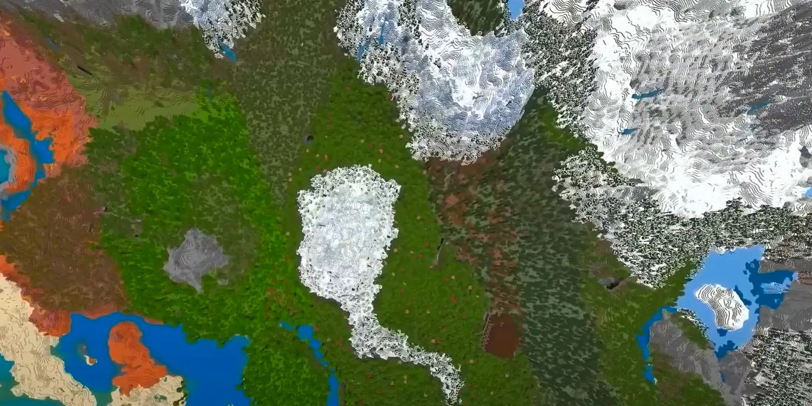 Minecraft top down view of several different environments from Balanced Biome Beauty world seed Image