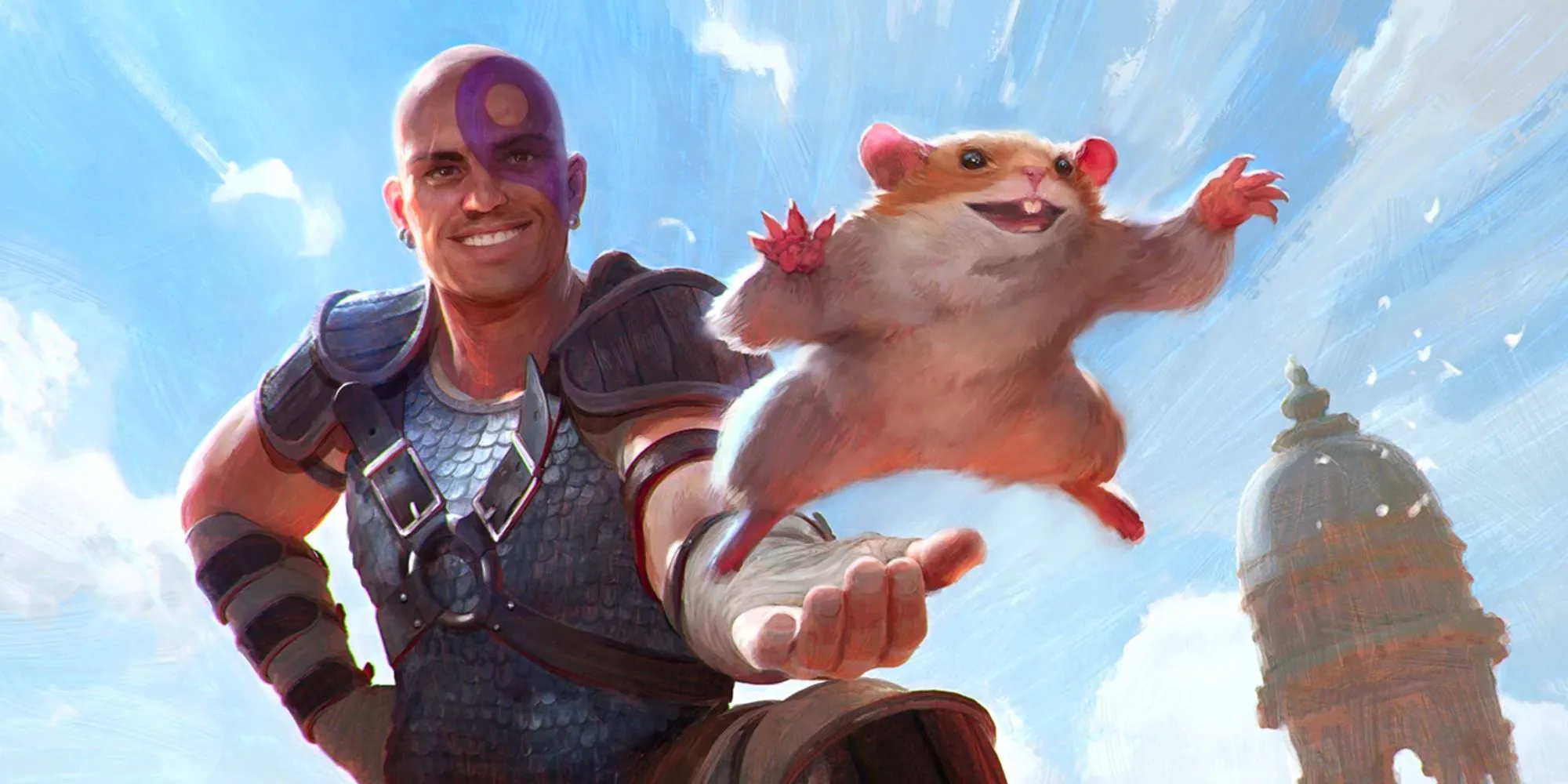 Minsc smiles as Boo leaps off his hand in Magic the Gathering artwork. Image