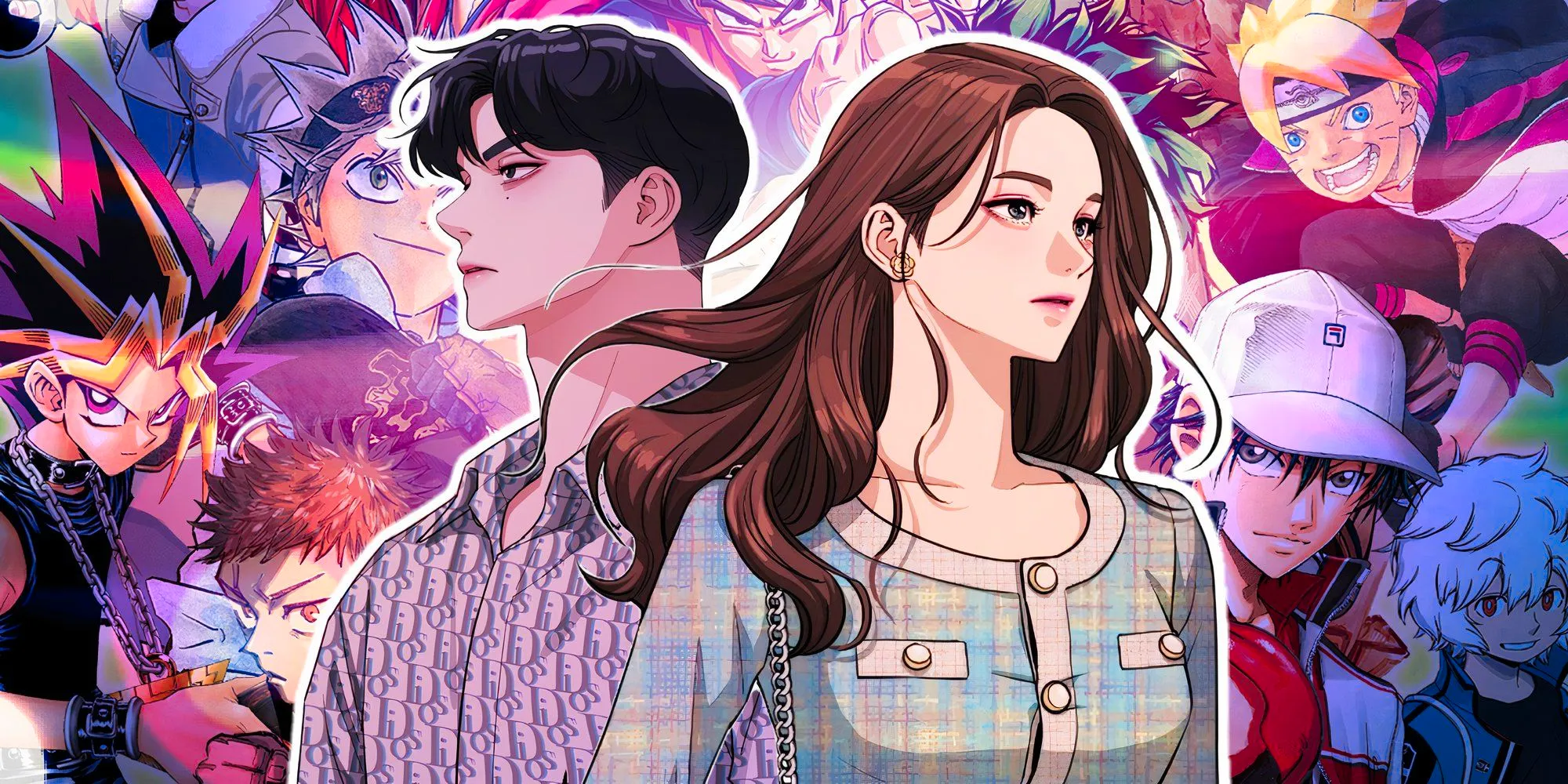 minyoung and iseop from the webtoon iseop's romance in the center with manga characters from shonen jump in the background Image