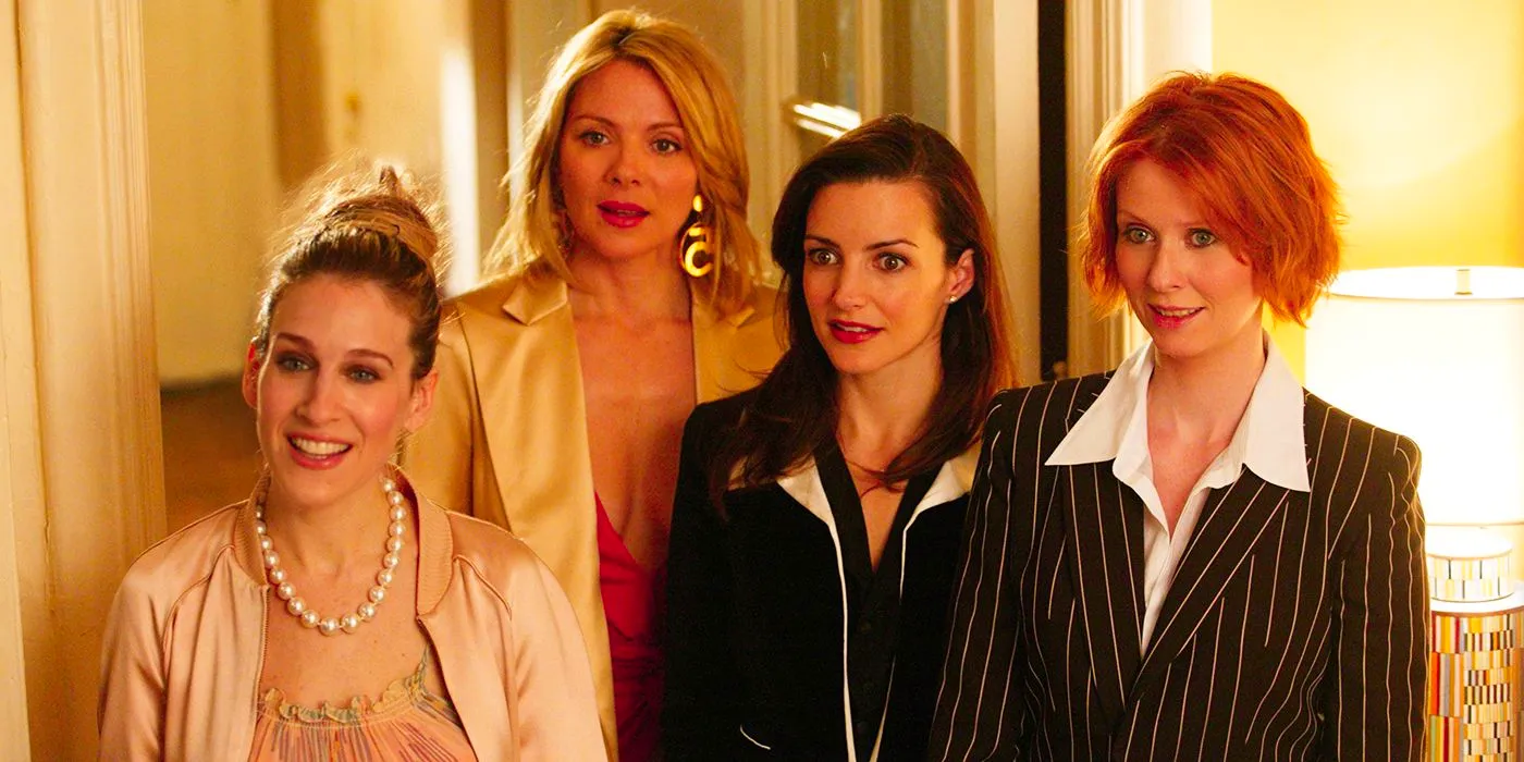 Miranda, Charlotte, Samantha, and Carrie look on in Sex and the City Image