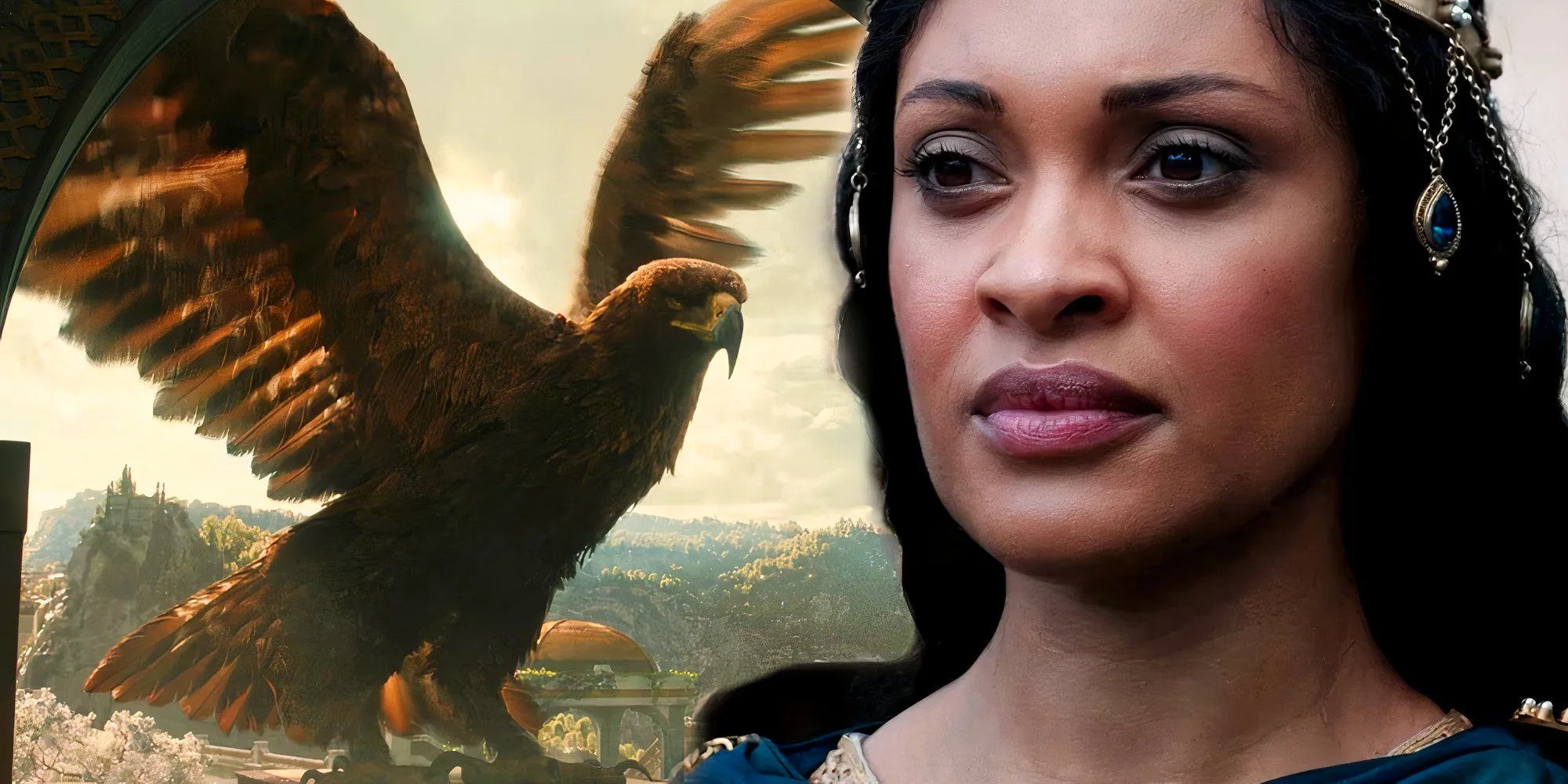 Miriel and an Eagle in Rings of Power season 2 Image