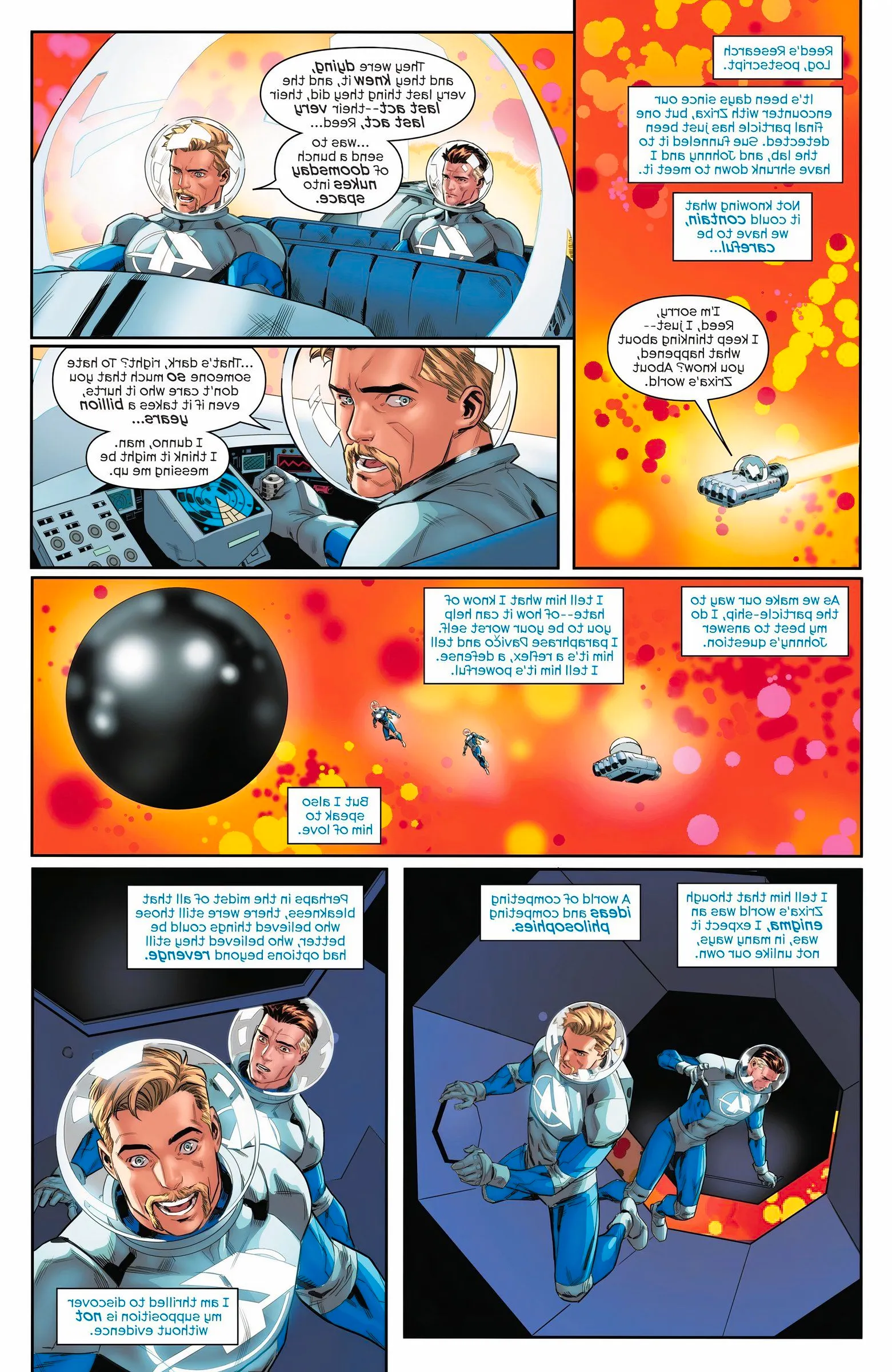 Mister Fantastic and Human Torch talk as they fly the Reductacraft toward an OMG Particle ship.  Image