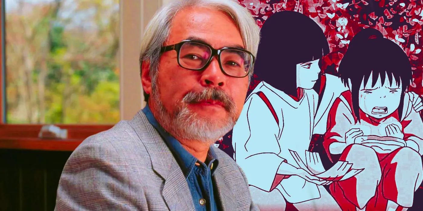 Miyazaki giving a small smile as Chihiro cries while Haku comforts her in Spirited Away. Image