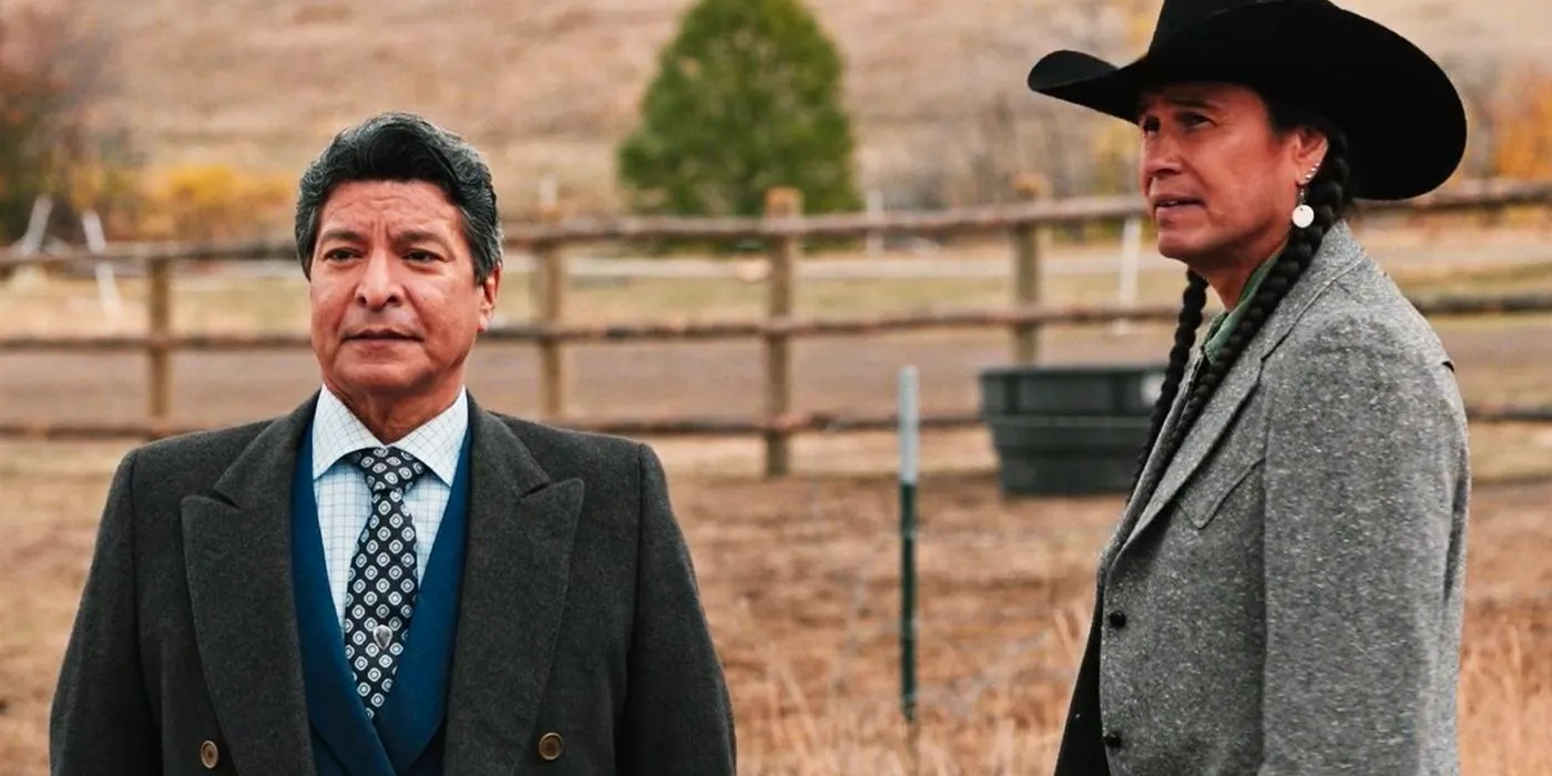 Mo (Moses Brings Plenty) and Chief Thomas Rainwater (Gil Birmingham) at Broken Rock in Yellowstone. Image