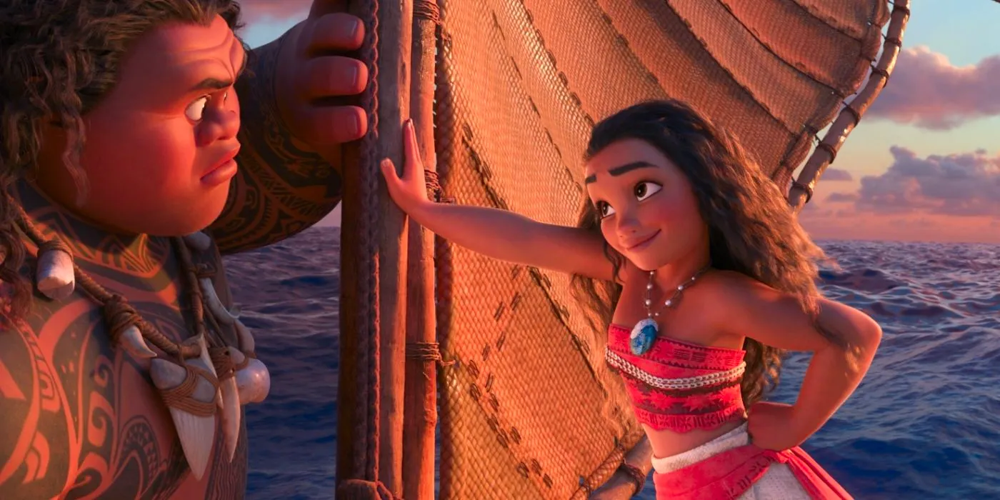 Moana looking a Maui with a smug look while leaning on a ship's mast in Moana Image