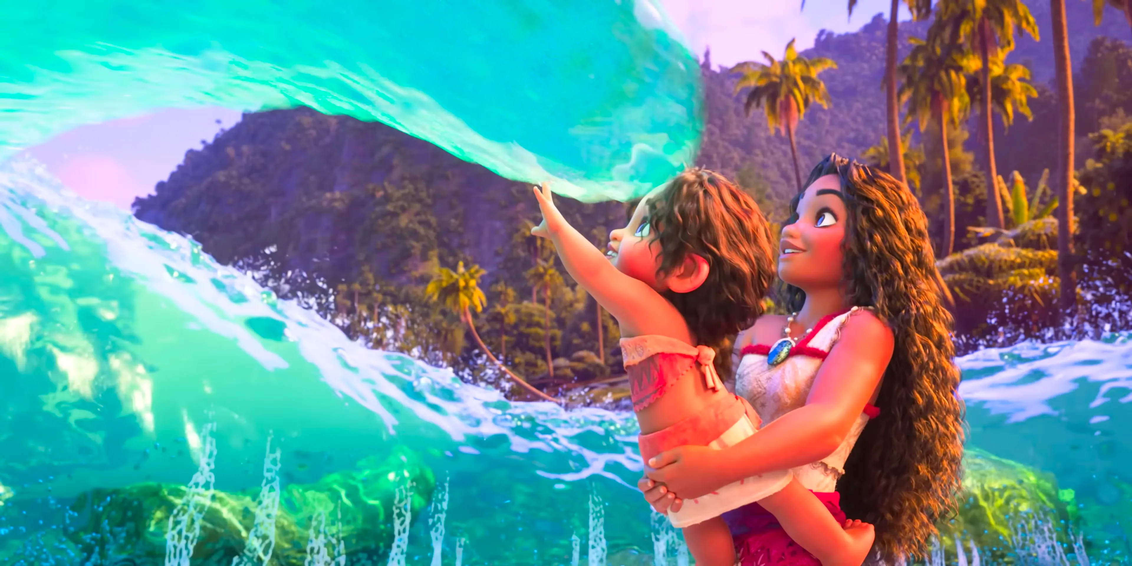 Moana teaching Simaea to interact with the sea in Moana 2 Image