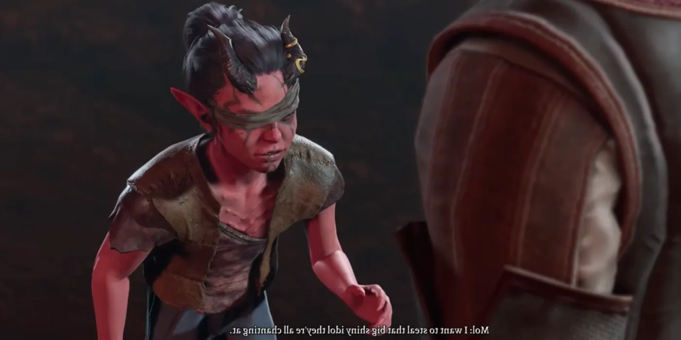 Mol, a Tiefling child, asking the player to steal the Sacred Idol in Baldur's Gate 3 Act 1, Image