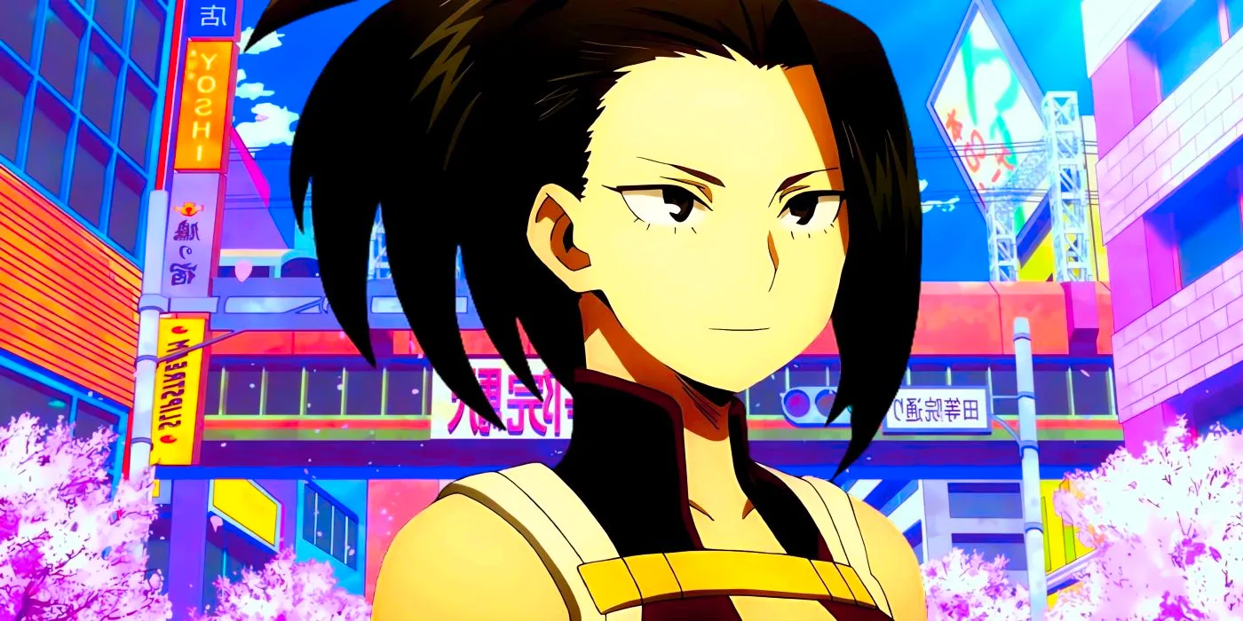 Momo Yaoyorozu looks thoughtful at the horizon. Behind her, a picture of the city can be seen.  Image