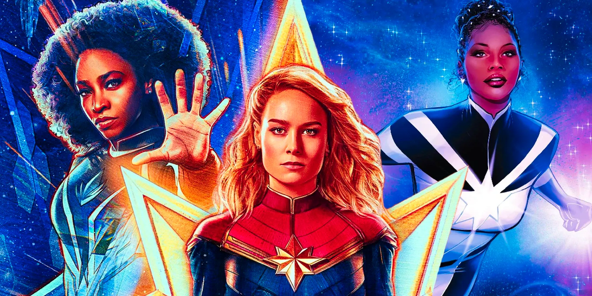 Monica Rambeau and Captain Marvel in the poster for The Marvels next to Photon from Marvel Comics Image