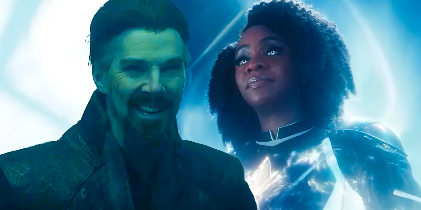 Monica Rambeau going binary in The Marvels next to Evil Strange smiling in Doctor Strange 2 Image