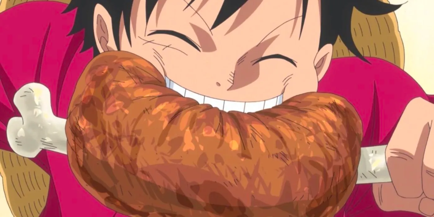 Monkey D. Luffy eating meat in One Piece. Image