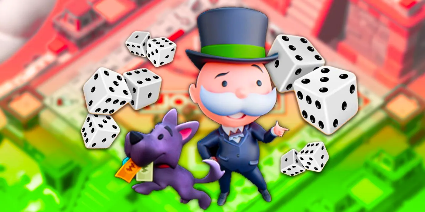 Monopoly GO keyart with Mr. Monopoly, his dog, and several dice with game board as background Image