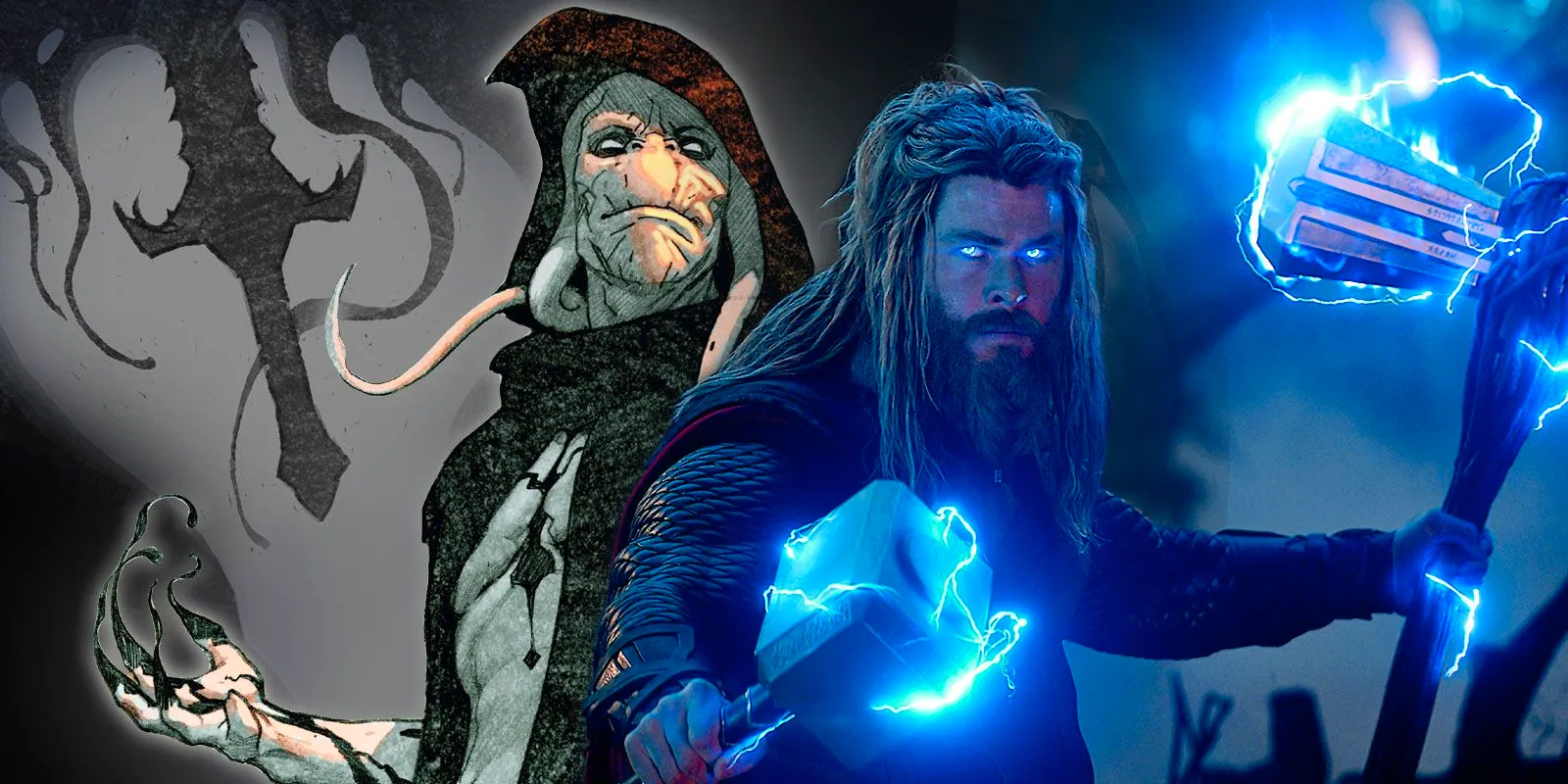 Montage of Thor wielding Stormbreaker and Mjolnir, with Gorr the God Butcher and his sword in the background. Image