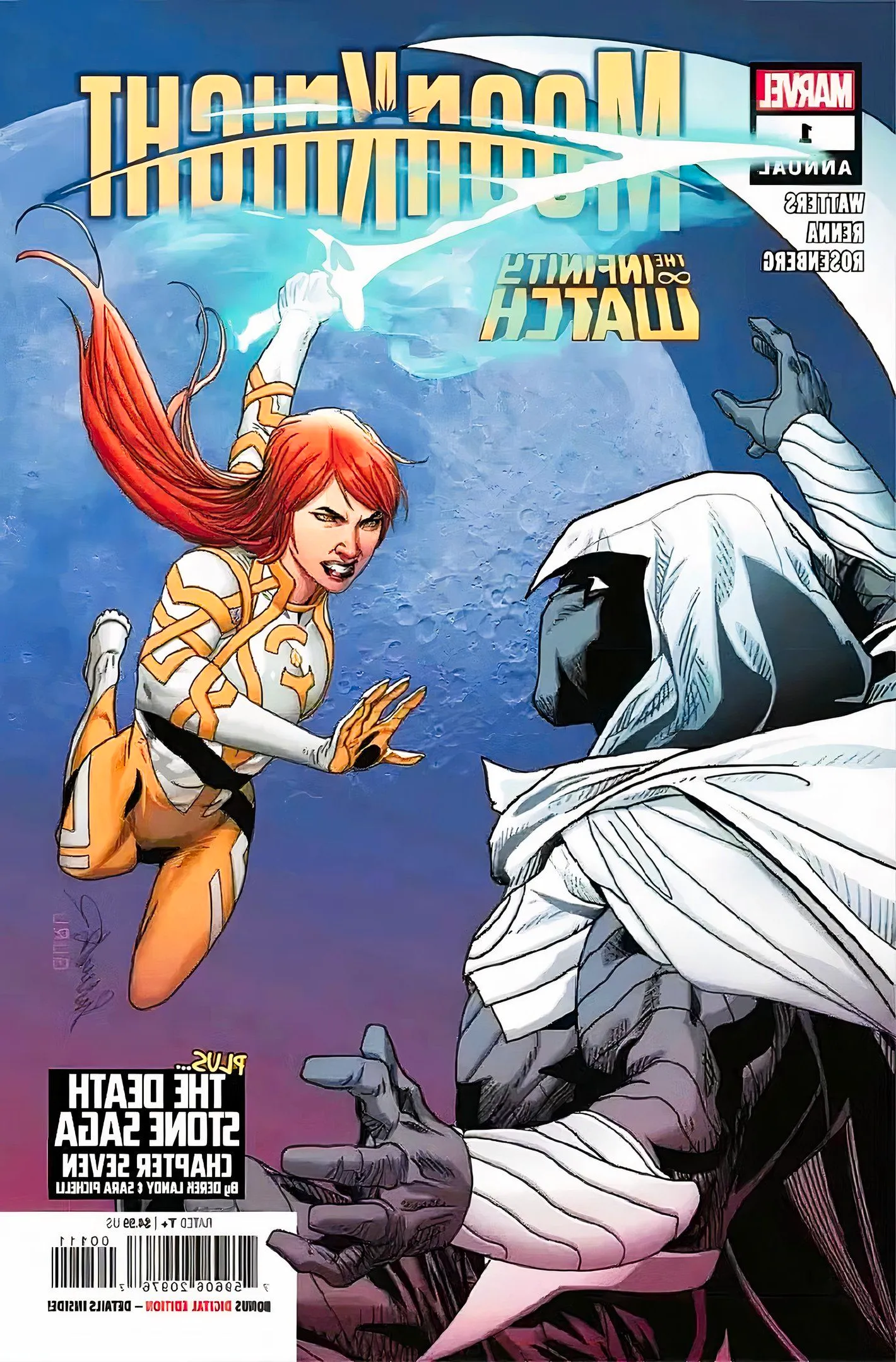 Moon Knight Annual #1 cover, Colleen Wing leaping at Moon Knight with a sword Image