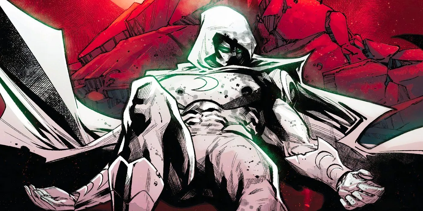 Moon Knight lying on the ground after getting shot. Image