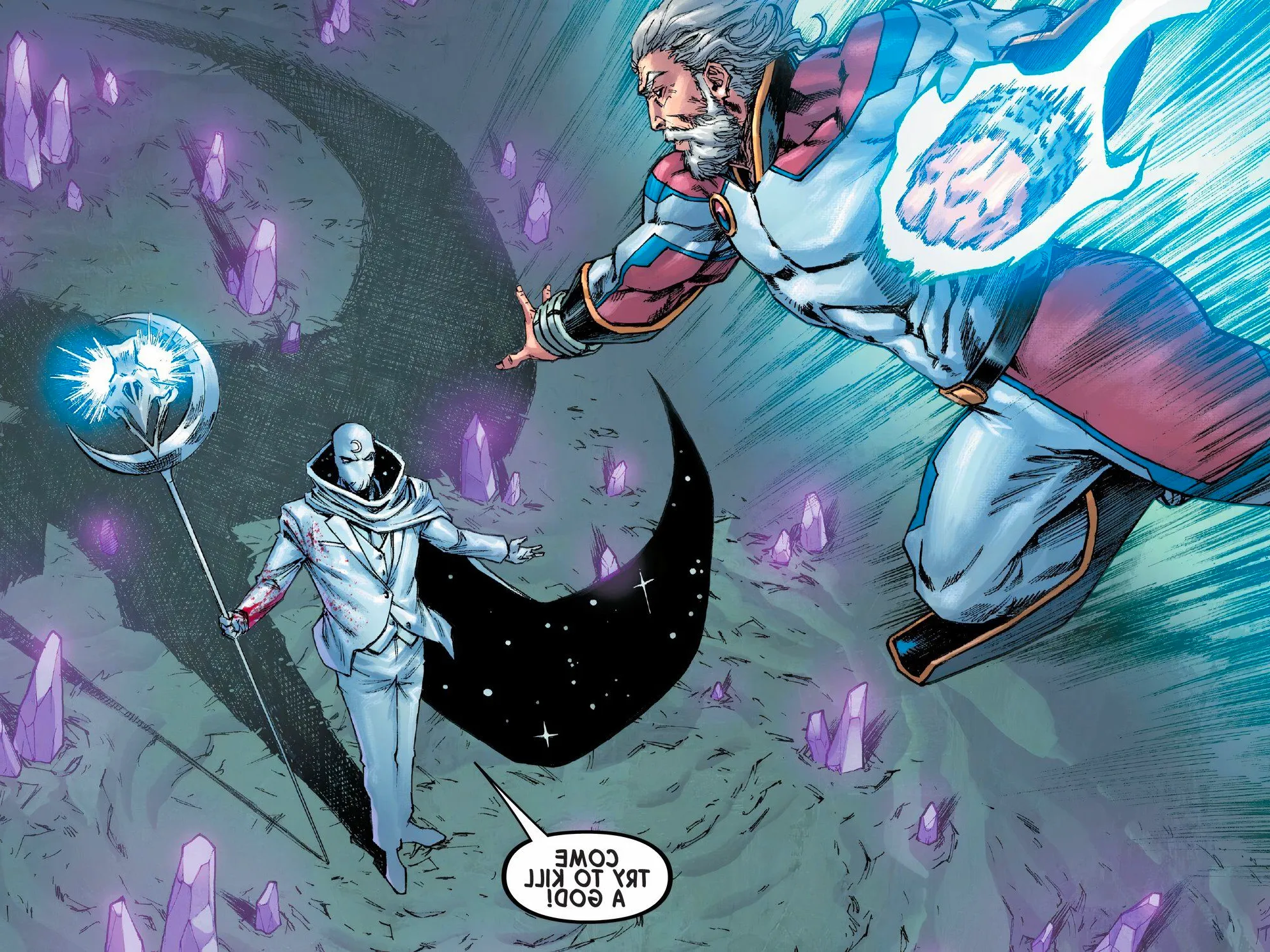 Moon Knight, now transformed into a god, challenges Taegukgi to a fight. Image