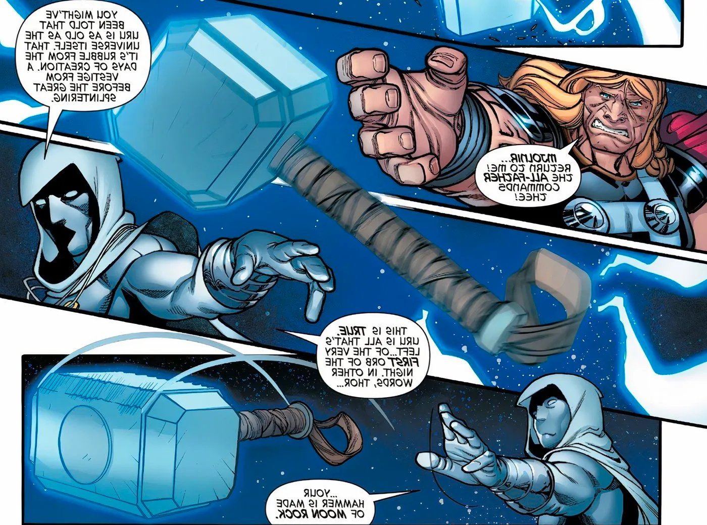 Moon Knight using Mjolnir to beat Thor. Image