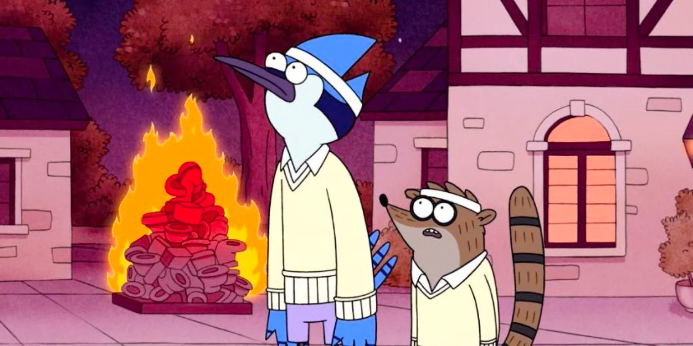 Mordecai and Rigsby in front of a burning pile of toilets in Regular Show Image