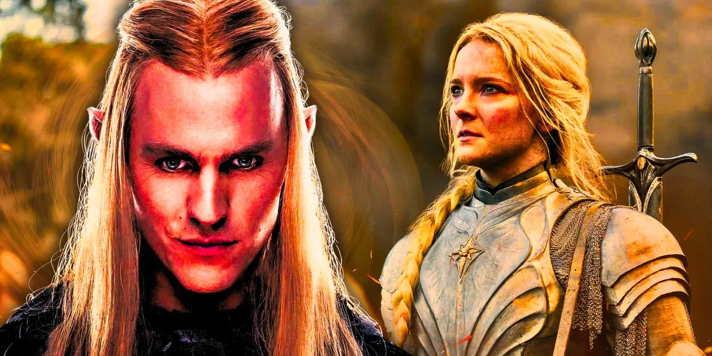 Morfydd Clark as Galadriel and Charlie Vickers as Sauron in the rings of power Image