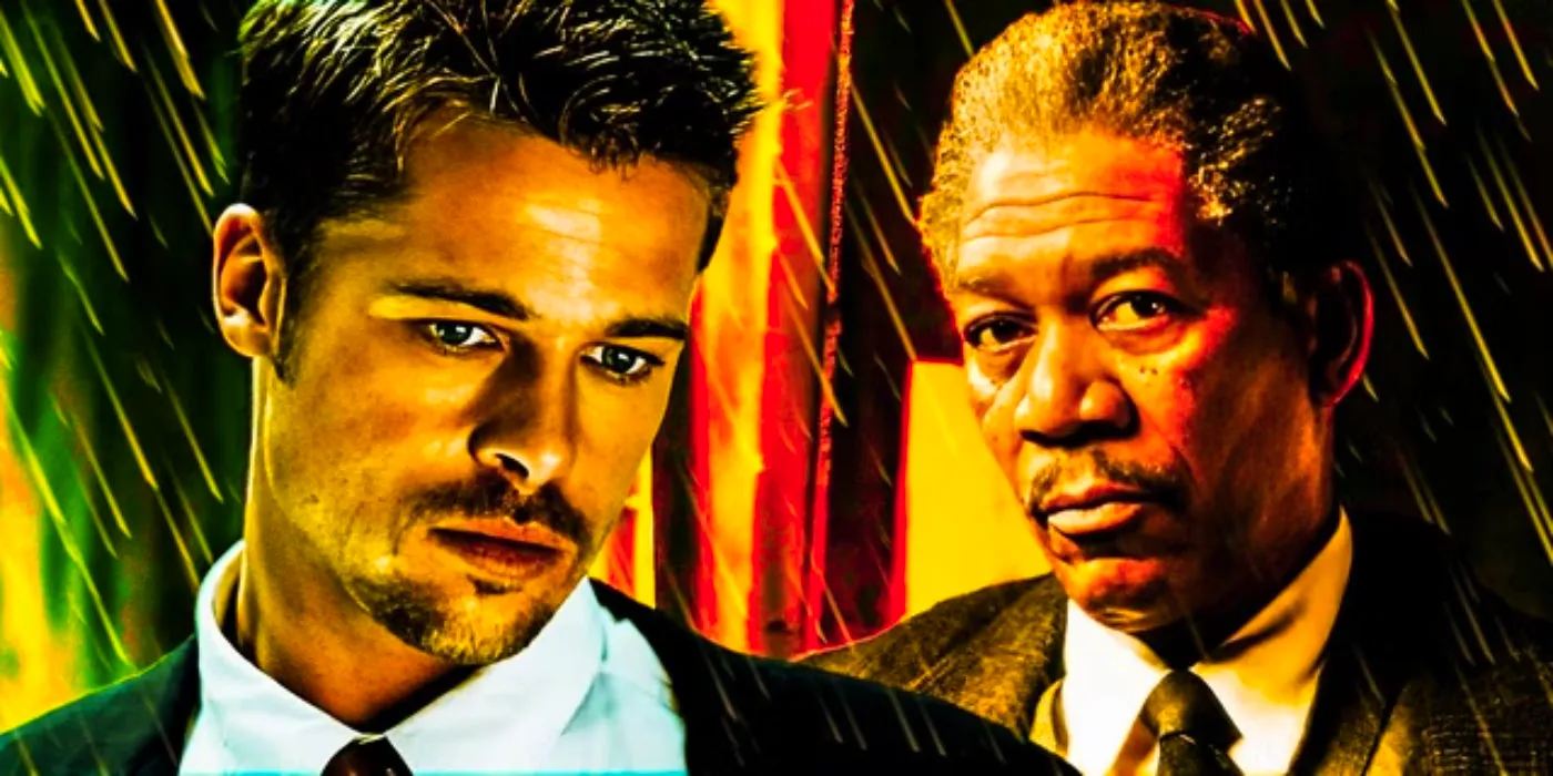 Morgan Freeman and Brad Pitt in Se7en (Seven) with rain Image