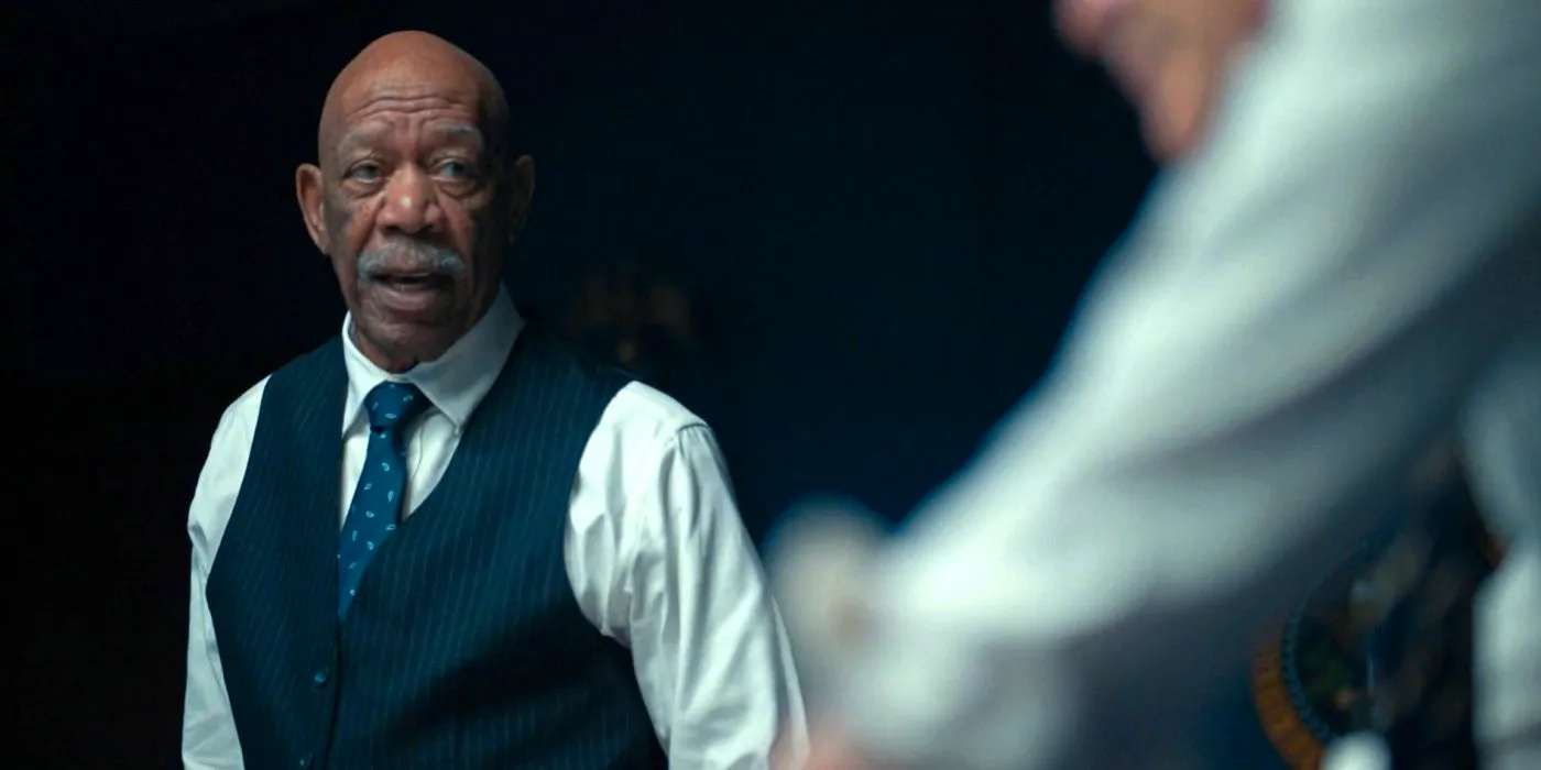 Morgan Freeman as Edwin Mullins talking to someone in Special Ops: Lioness season 1, episode 8. Image