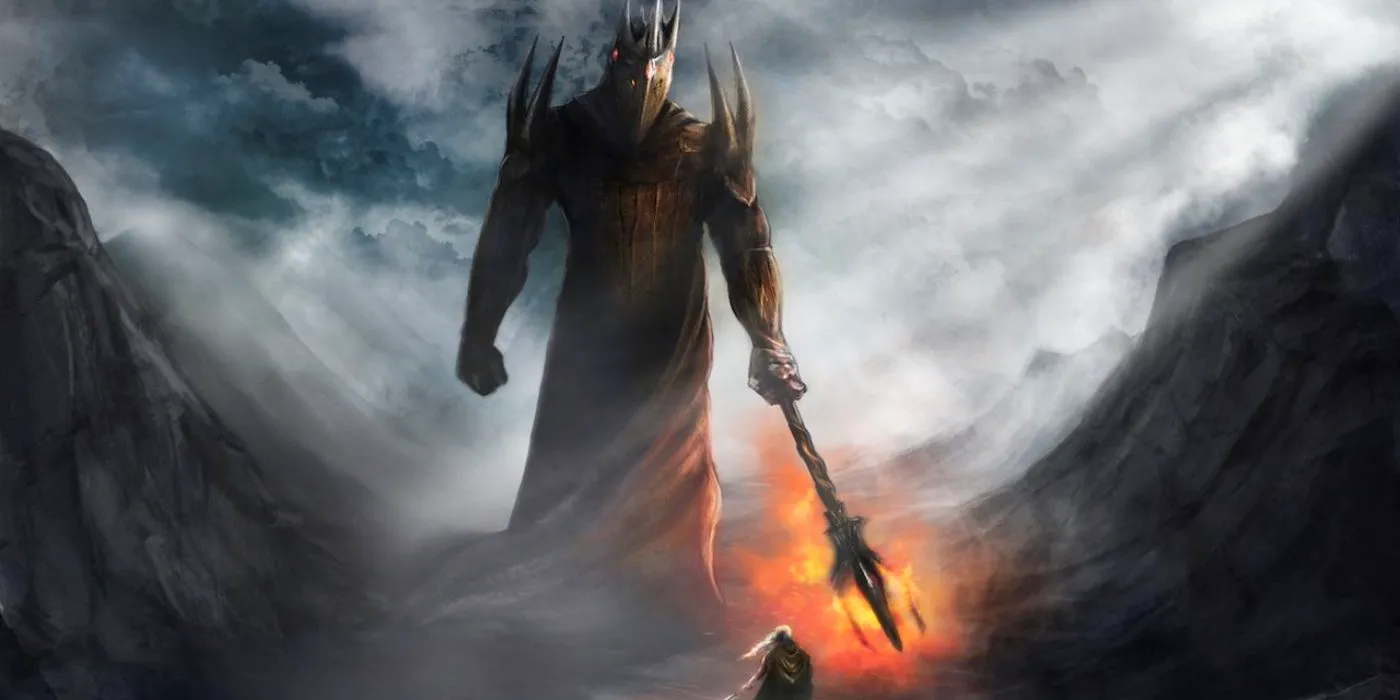 Morgoth looking at a human or elf which could be Fingolfin during a battle in The Lord of The Rings world by Tolkien. Image