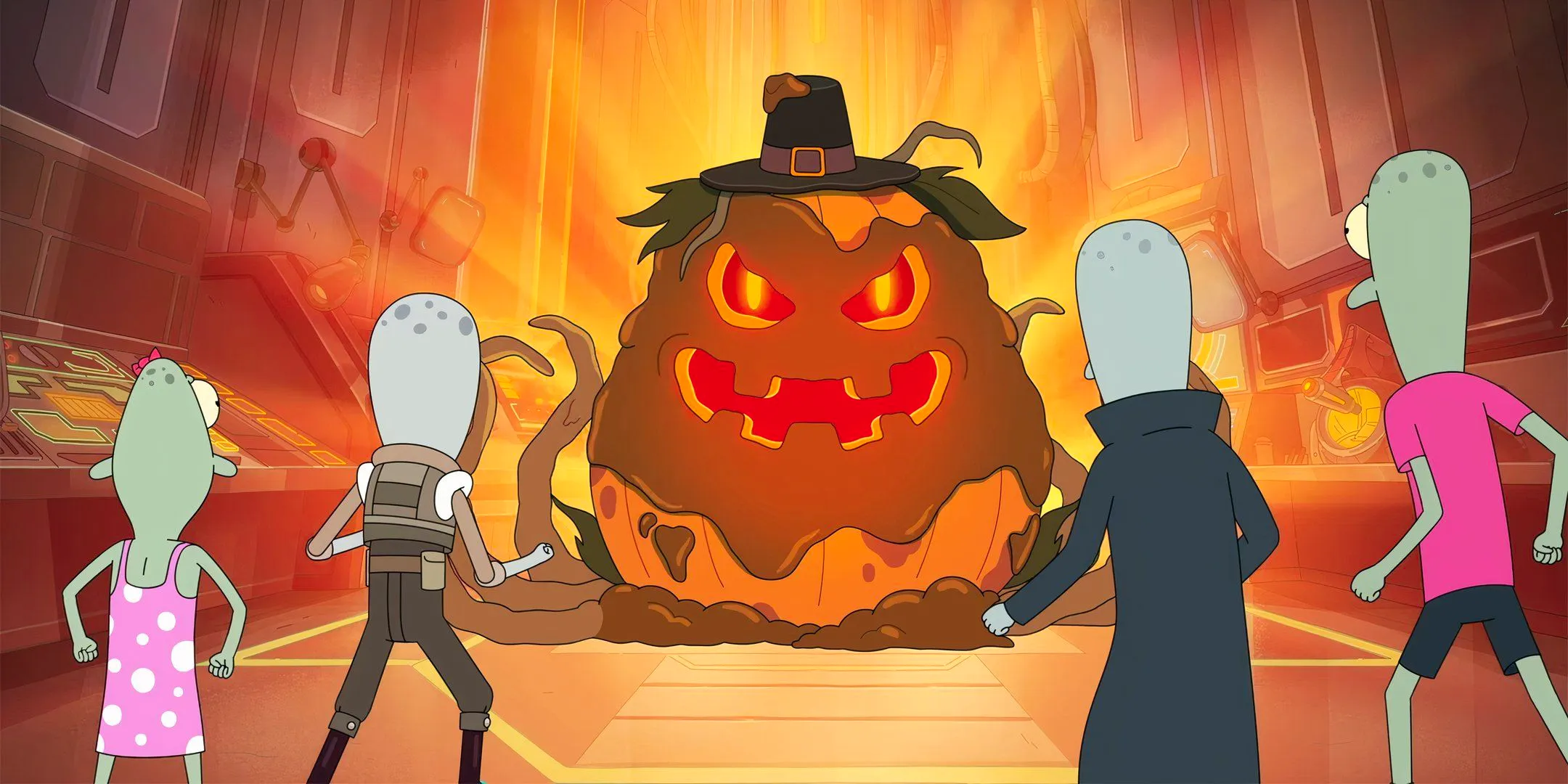 Mortimer transformed into a Thanksgiving pumpkin and facing the Solars in The Solar Opposites Halloween Special Part 2 The Hunt for Brown October Image