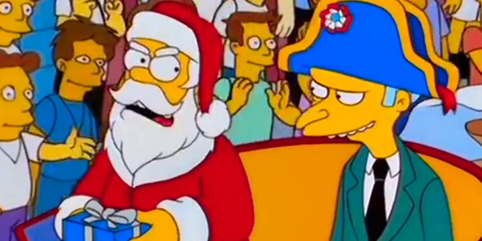 Mr. Burns next to Homer dressed as Santa in a parade in The Simpsons Image