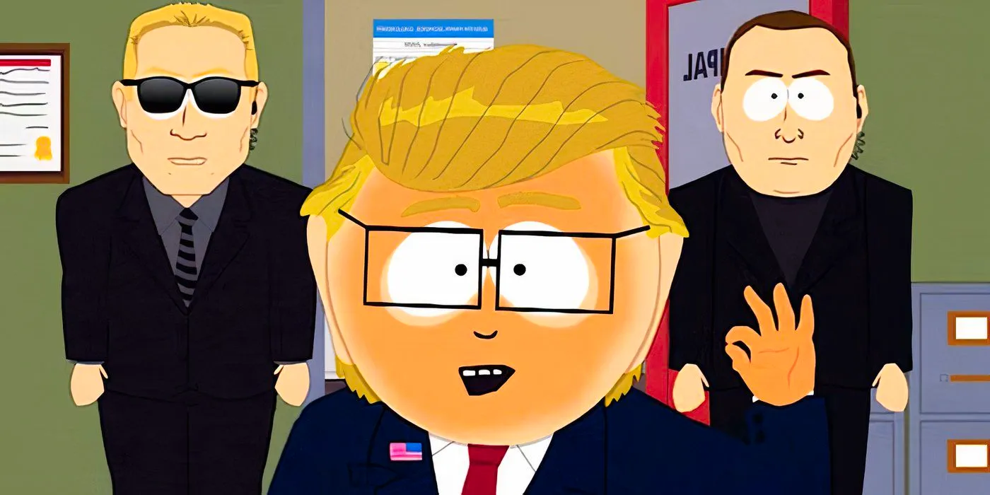 Mr Garrison's Donald Trump does the okay hand gesture in the principal's office in South Park Image