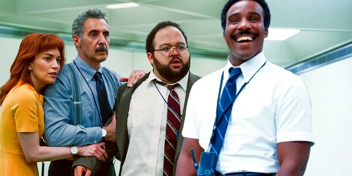 Mr. Milchick laughs as Dylan, Helly and Irving cower in fear in a composite image from Severance Image