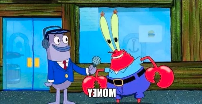 Mr.Krabs from SpongeBob leaning into a reporter's mic with text at the bottom that says 