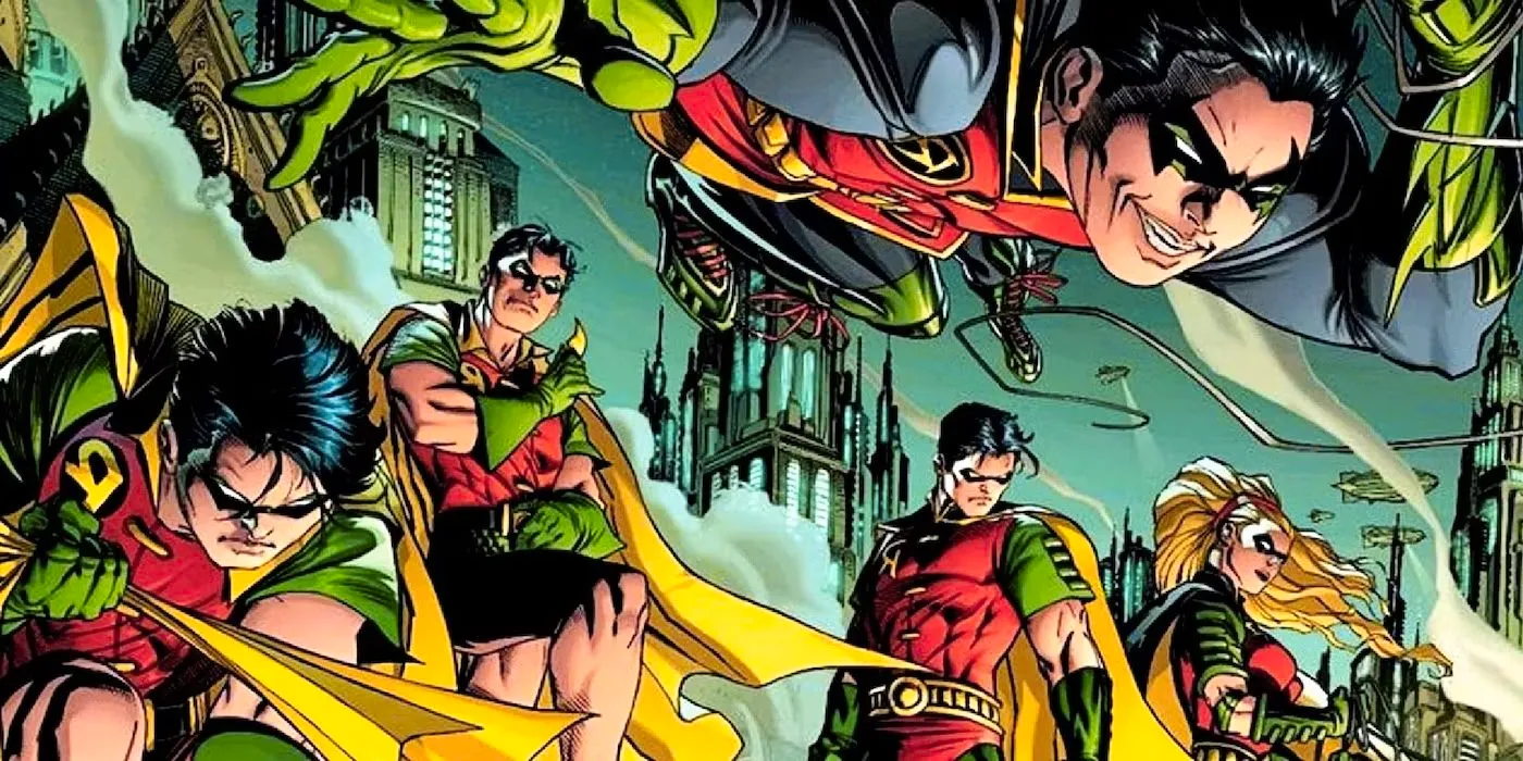 Multiple versions of DC hero Robin from across the publisher's history, together in one panel. Image