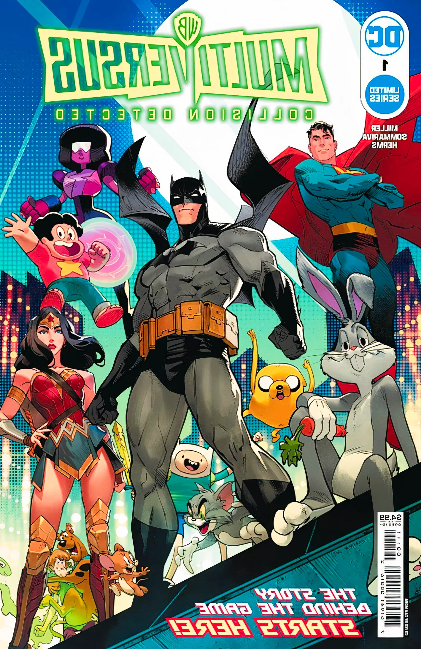 Multiverse Collision Detected #1 cover, featuring DC superheroes alongside Looney Tunes and Adventure Time characters Image