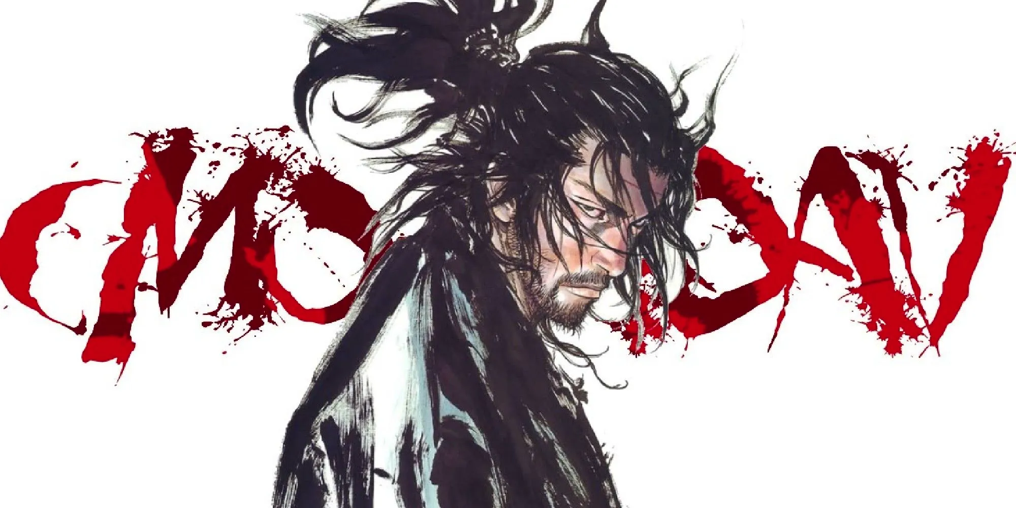 Musashi Miyamoto from Vagabond in official, full colored artwork featuring the series' title card. Image