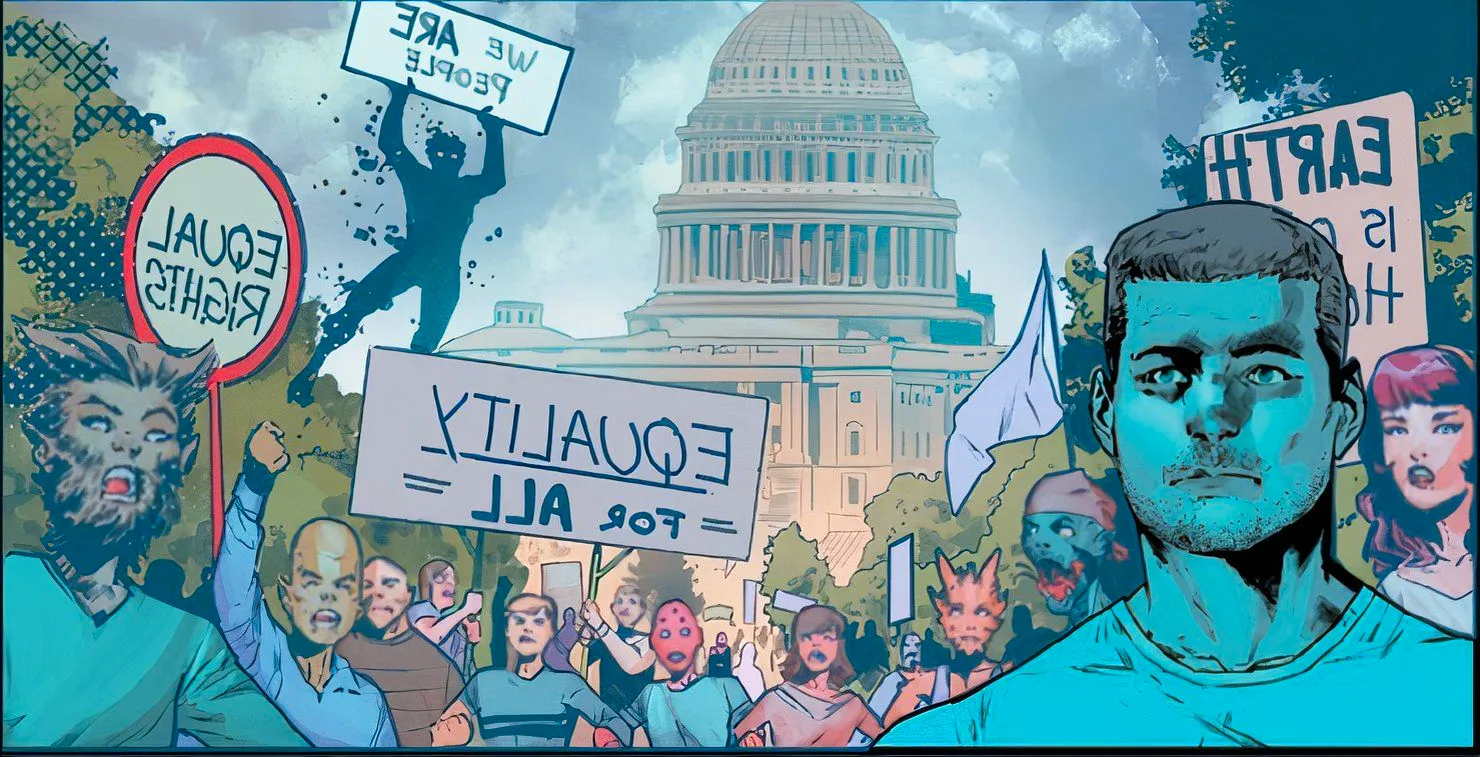 Mutant Equality March, taking place in Washington, D.C. in front of the U.S. Capitol building. Image