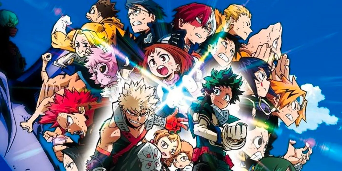 My Hero Academia Cast in a full-color promotional visual from studio BONES, with Deku and Bakugo positioned in the center. Image