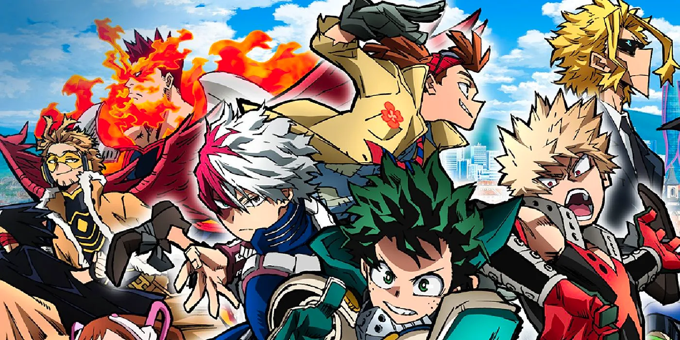 My Hero Academia World Heroes Mission characters such as Deku, Bakugo, and Todoroki doing action poses together. Image