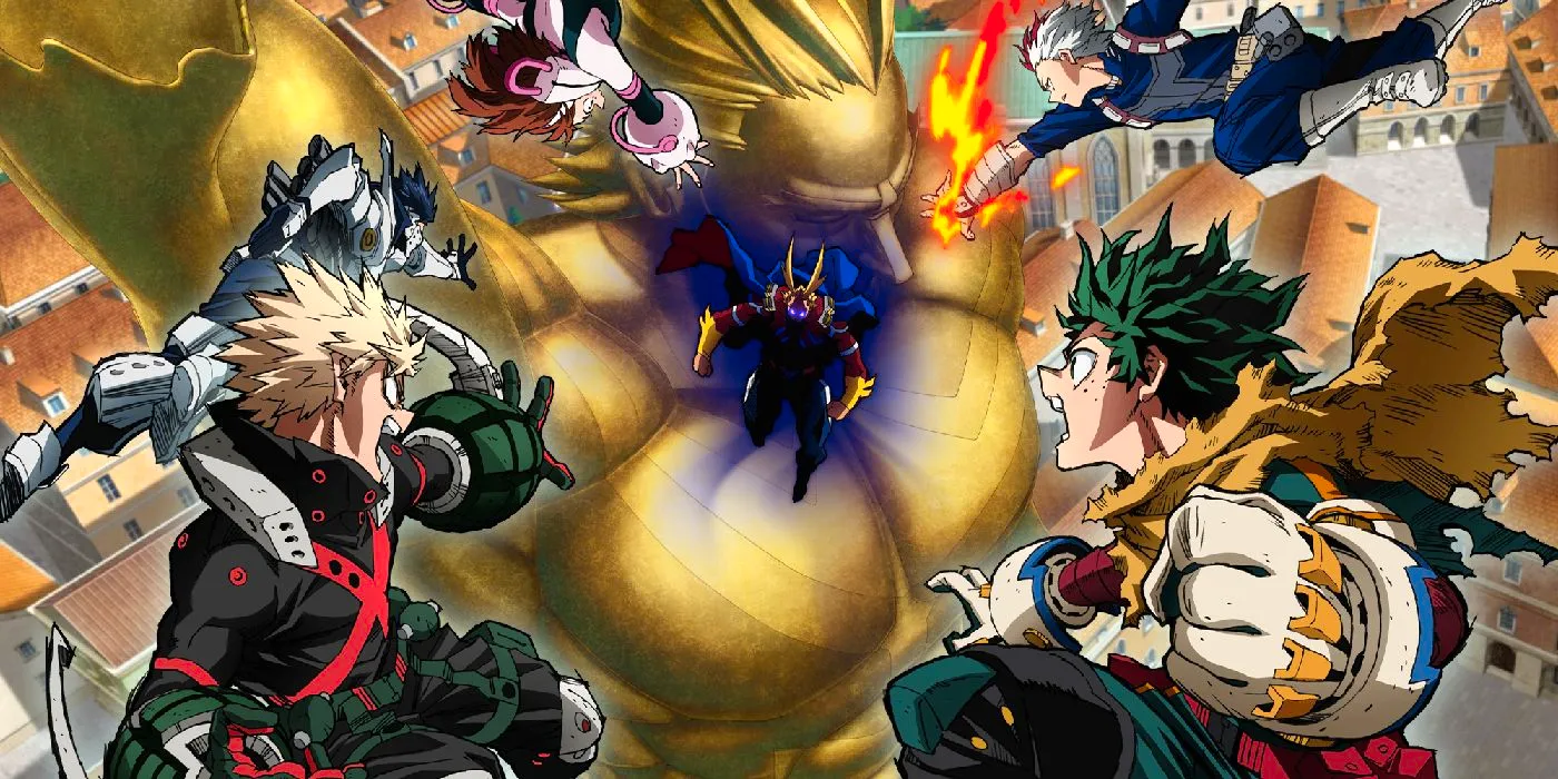 My Hero Academia: You're Next Deku, Bakugo, and Class 1-A faces off against Dark Might over a gold statue of All Might. Image