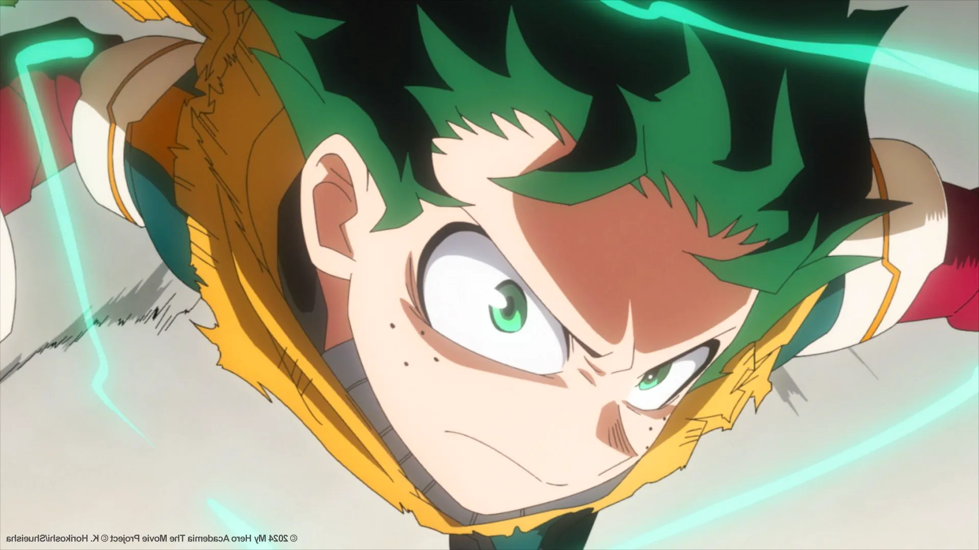 My Hero Academia You're Next Deku flying with a stern expression and green electricity crackling around him. Image