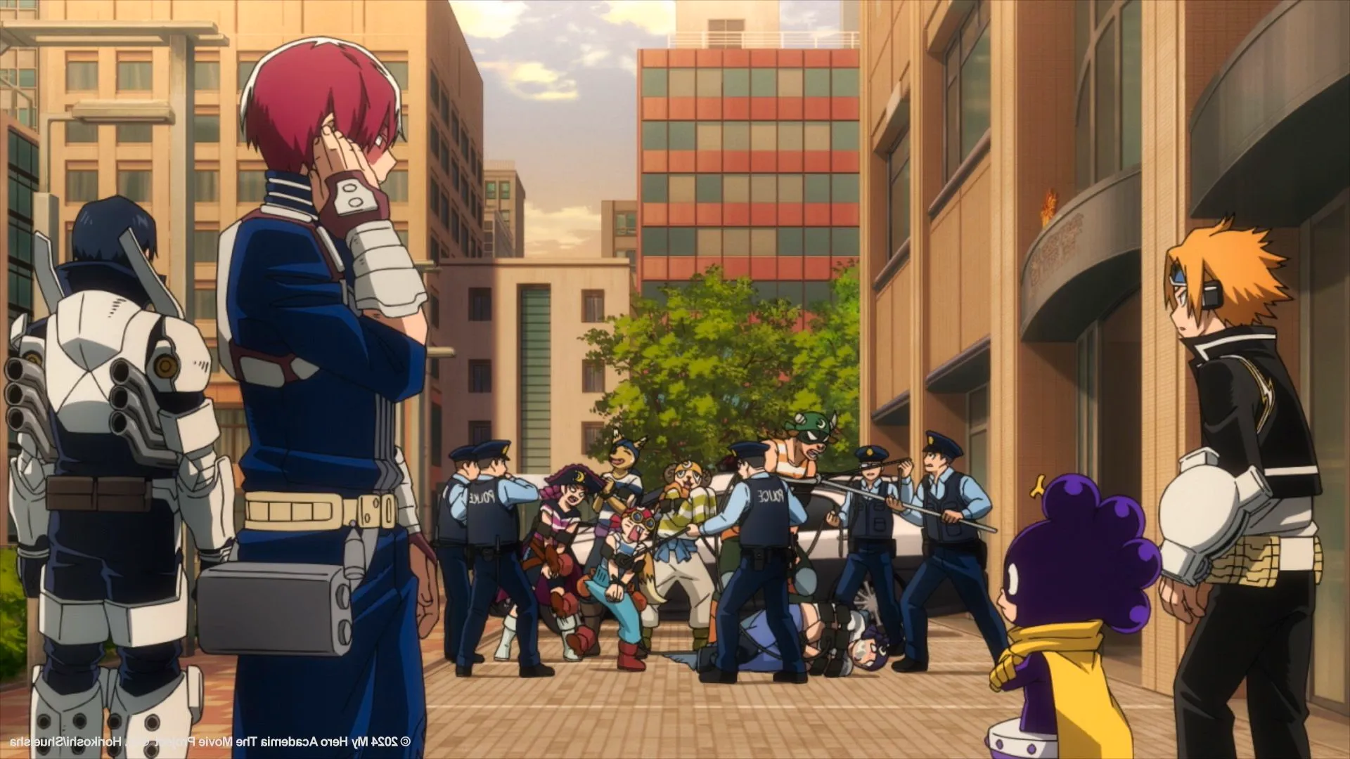 My Hero Academia You're Next Todoroki and Class 1-A standing by as villains are arrested. Image