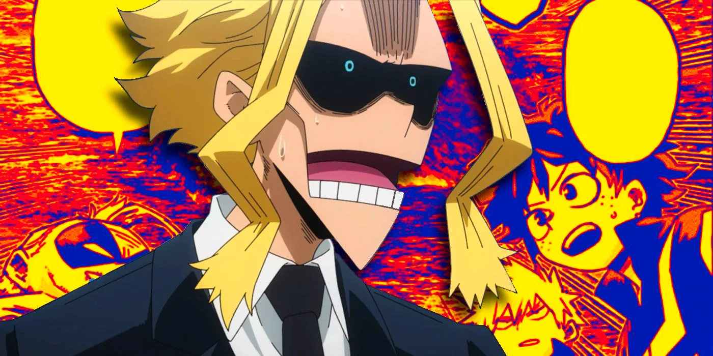 My Hero Academia's All Might looking shocked in front of manga panels. Image