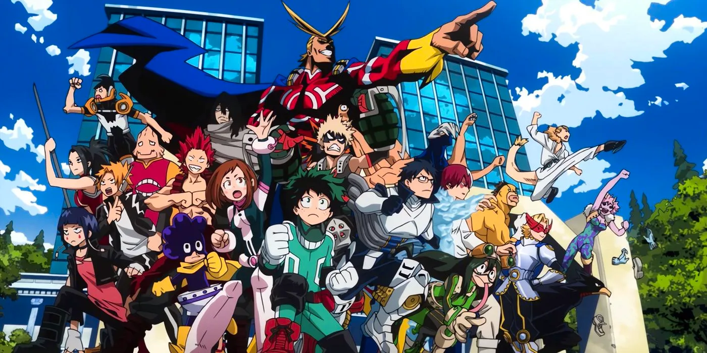 My Hero Academia's Class 1-A and All Might posing in front of U.A. High Image