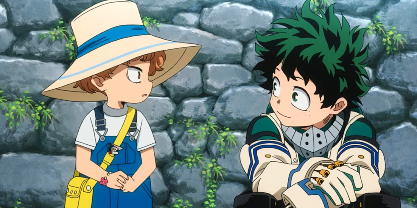 My Hero Academia's Deku kneeling down to talk with Katsuma who looks surprised. Image