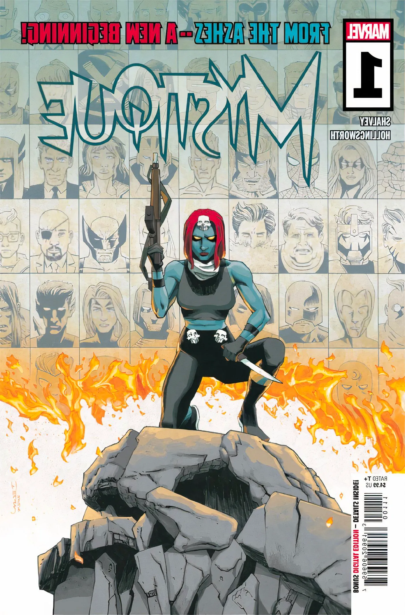 Mystique #1 cover featuring Mystique with a gun and a knife.  Image